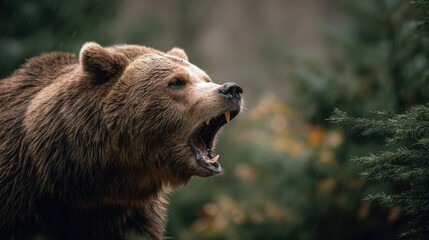 Angry brown bear snarling with mouth open showing teeth in forest. Wildlife moment depicting animal aggression and danger in natural habitat.