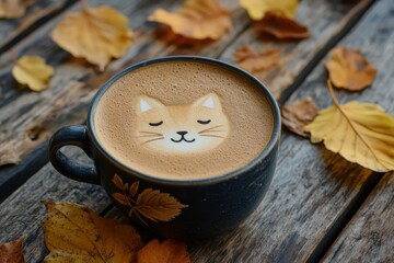 A cup of hot coffee with cute cat latte art on top, placed on a wooden surface surrounded by autumn leaves. Warm fall colors and cozy atmosphere perfect for concepts of relaxation, coffee time, creati