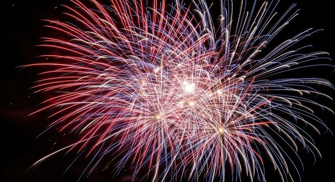 Vibrant red, white, and blue fireworks display against night sky