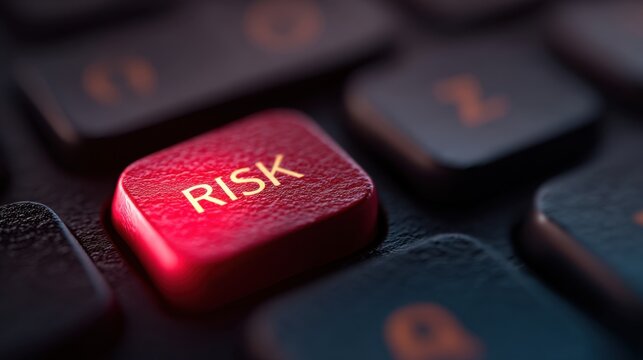 Red risk button on key-pad, concept of making a wrong decision or taking a dangerous alternative. Urgent choice or critical selection.