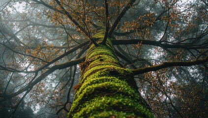 Moss-covered tall pine tree enveloped in soft mist, promoting forest preservation, International Day of Forests