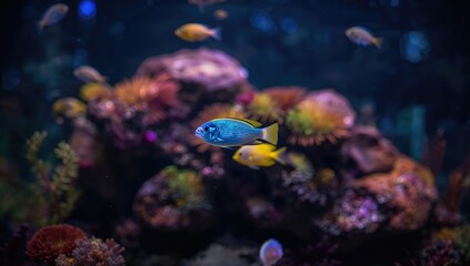 Fototapeta premium Small fish navigating through a dimly lit aquarium, highlighting aquatic life in a low-light environment