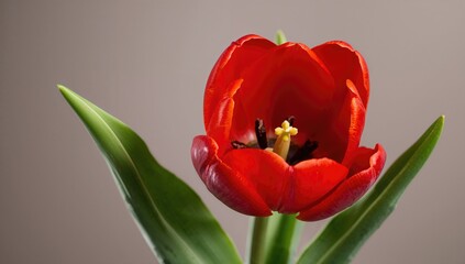 Red tulip bloom, isolated with vibrant petals and green leaves, symbolizing spring's arrival