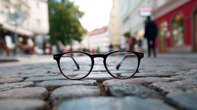 Spectacles on a cobblestone road with a blurred city street in the background. Optical instrument for vision correction, an accessory for a daily outfit.