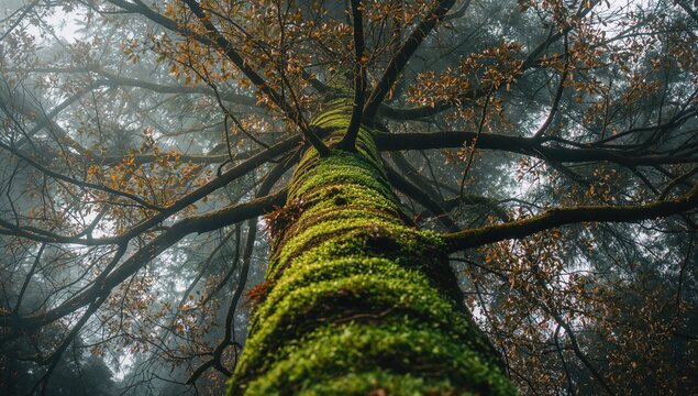 Moss-covered tall pine tree enveloped in soft mist, promoting forest preservation, International Day of Forests - Powered by Adobe