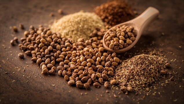 Cumin or Jeera Jira spices arranged on a wooden surface, culinary ingredient for flavor enhancement