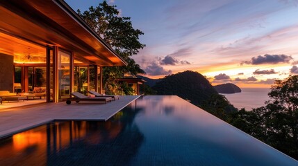 Luxury villa with an infinity pool overlooking mountain and sea at sunset. Tropical resort for travel, holiday, vacation, and escape concept.