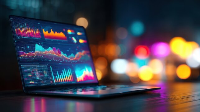 Laptop displaying financial charts and data on screen. Business analysis concept with stock market visualization for investment and growth.