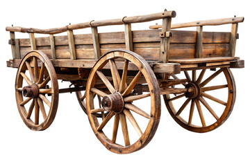 Fototapeta premium Rustic wooden farm wagon, with large spoked wheels and weathered planks, cutout, PNG, isolated on white or transparent background, AI