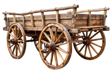 Rustic wooden farm wagon, with large spoked wheels and weathered planks, cutout, PNG, isolated on white or transparent background, AI