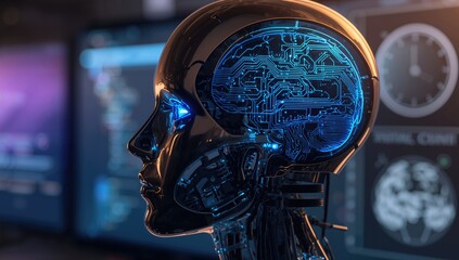 Robotic humanoid head featuring a visual depiction of cognitive processes, exploring the theme of artificial intelligence