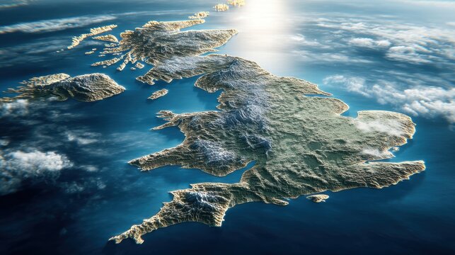 Rendered 3d map of great britain and scotland from space. Global physical geography atlas, planet earth from orbit concept.