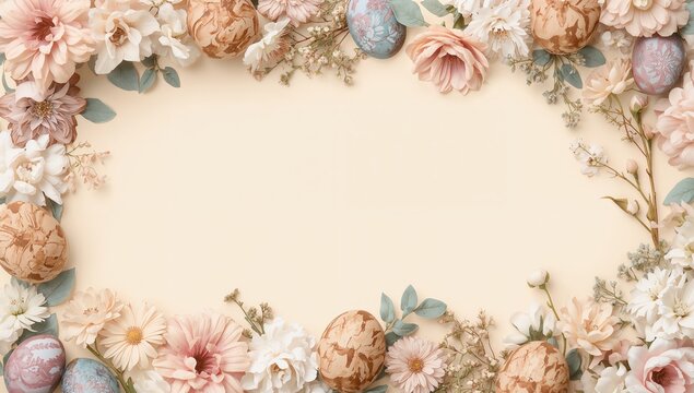 Floral and Easter egg design frame on a neutral backdrop, suitable for seasonal greetings or announcements