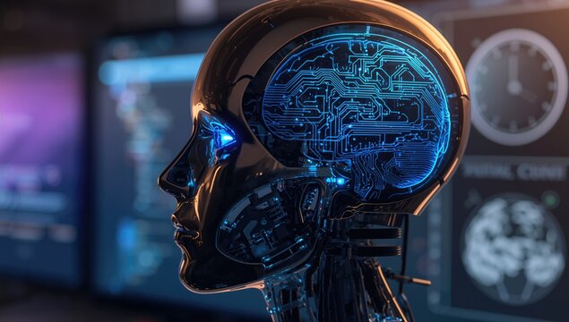 Robotic humanoid head featuring a visual depiction of cognitive processes, exploring the theme of artificial intelligence