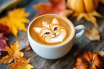 A cup of hot coffee with cute cat latte art on top, placed on a wooden surface surrounded by autumn leaves. Warm fall colors and cozy atmosphere perfect for concepts of relaxation, coffee time, creati