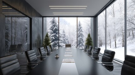 Modern conference room with large window overlooking snowy winter forest landscape for business meeting and corporate retreat.