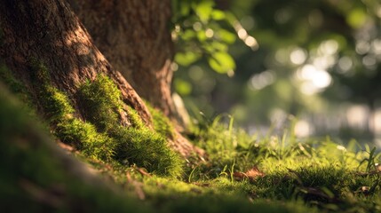 Sun-Drenched Forest Floor Detail with Moss and Sunlight, a Natural Scenery