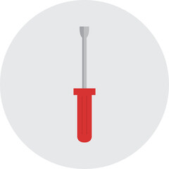 Simple Flat Icon Illustration of a Red Handled Screwdriver with Silver Metal Tip Centered on a Light Gray Circular Background with Transparent Edges Isolated on White