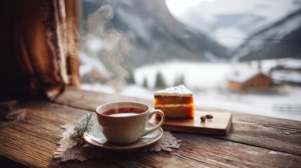 Steaming cup of hot tea and a slice of cake on a rustic wooden table by a window with a snowy mountain view, cozy winter morning scene.