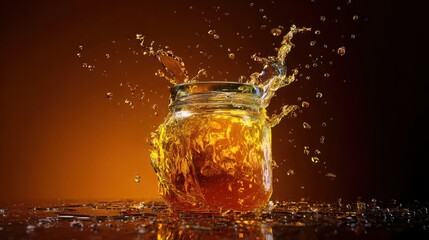 golden orange liquid splashing dynamically in a glass jar, captured in vivid motion, high speed photography, bright reflections, detailed droplets
