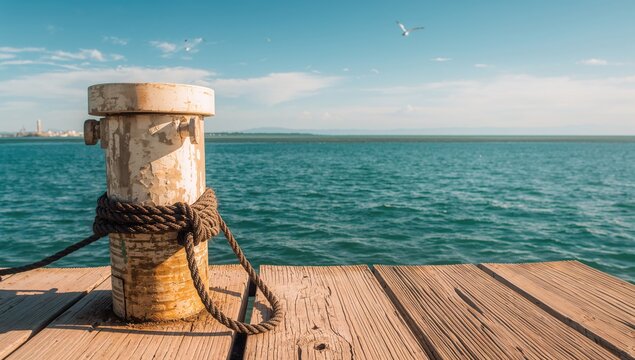 Old mooring bollard secured with rope at seaside, ideal for maritime safety - Powered by Adobe