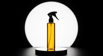 Illustration of amber spray bottle on a podium with light circle on background