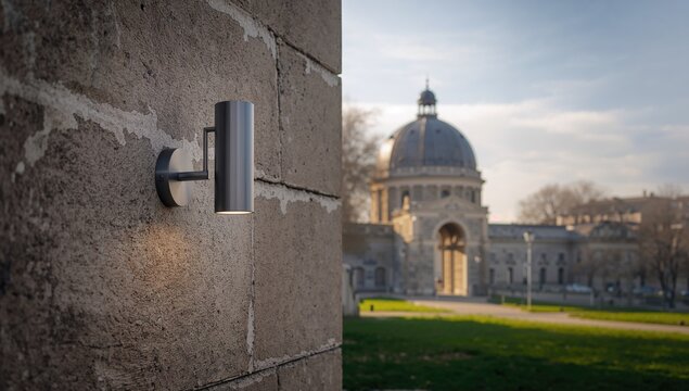 Metal light fixture mounted on historic architecture, preservation