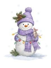 Adorable watercolor snowman in purple hat and scarf with Christmas lights and little mouse, cozy winter holiday illustration for cards