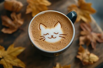 A cup of hot coffee with cute cat latte art on top, placed on a wooden surface surrounded by autumn leaves. Warm fall colors and cozy atmosphere perfect for concepts of relaxation, coffee time, creati