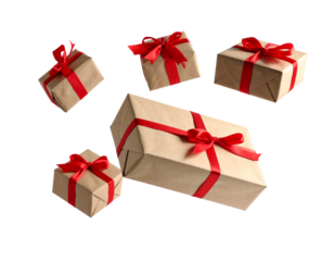 gift boxes with red ribbon flying on air isolated on transparent background, merry christmas background