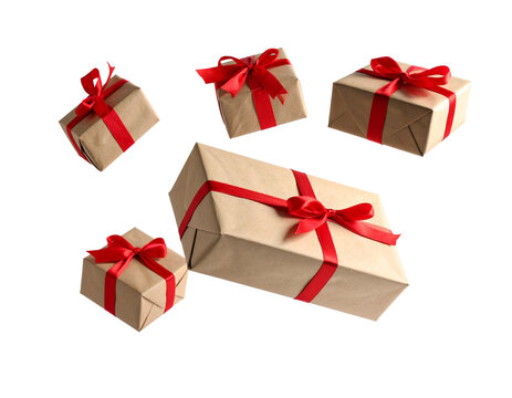 gift boxes with red ribbon flying on air isolated on transparent background, merry christmas background