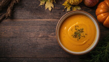 Vegetarian autumn soup made with pumpkin and carrot served on a wooden table, fiber-dense choice