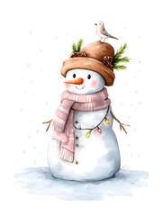 Cute watercolor snowman in brown hat and pink scarf with bird and Christmas lights, winter holiday illustration for greeting cards