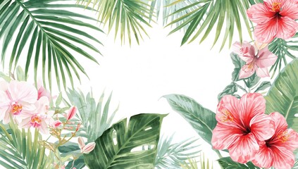 Palm leaves, tropical flowers orchid, hibiscus arranged on a white backdrop, ideal for editorial header background