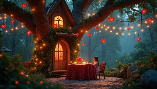 Woman sits at romantic dinner table set for two outside enchanted treehouse. Twinkling lights and heart decor create magical atmosphere. Cozy evening meal celebrates love in dreamy forest.