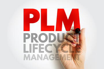 PLM Product Lifecycle Management text with hand writing marker. Innovation, design, production, and maintenance management concept abbreviation on clean background