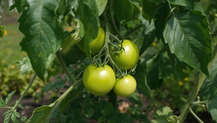 Fototapeta premium Green tomatoes growing on the bush, a beneficial source of nutrients