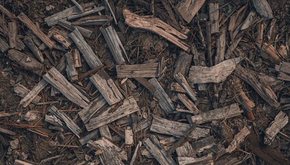 Wood scraps and wood fragments scattered over soil, potential for erosion risk