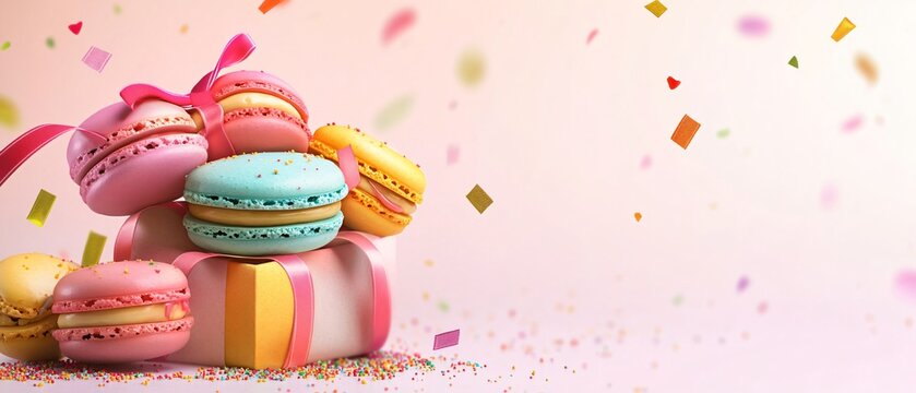 Vibrant Macarons in Colorful Box Display