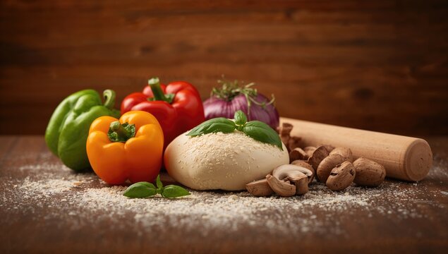 Vegetables and dough on a wooden surface, essential ingredients for pizza making, culinary preparation