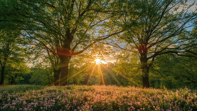 Sunset light filtering through trees onto blooming flowers, seasonal change