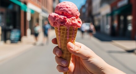 Hand Holding Pink Strawberry Ice Cream Cone in Urban Street Scene