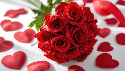 Red flowers and heart-shaped ornaments on a white backdrop, suitable for Valentine's Day