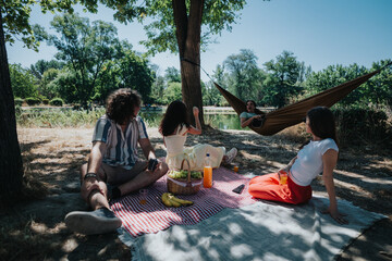 A group of friends relaxes on a checkered blanket in a sunny park, with a hammock overhead, fruit...