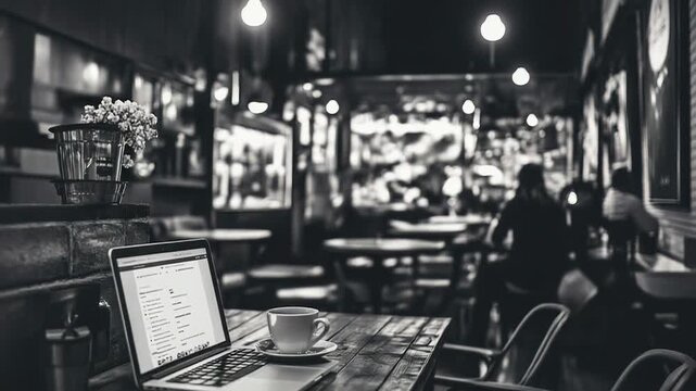 Laptop and coffee on cafe table creating remote workspace
