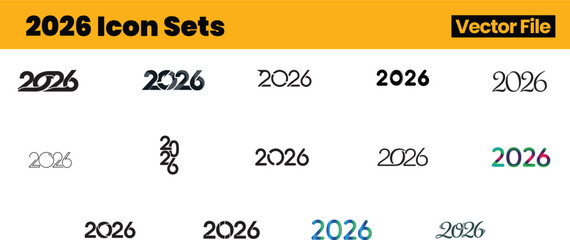 Stylized 2026 Icon Collection Featuring Fifteen Unique Typography Designs Arranged in a Clean Three-Row Grid Layout with an Orange Header and Vector File Label