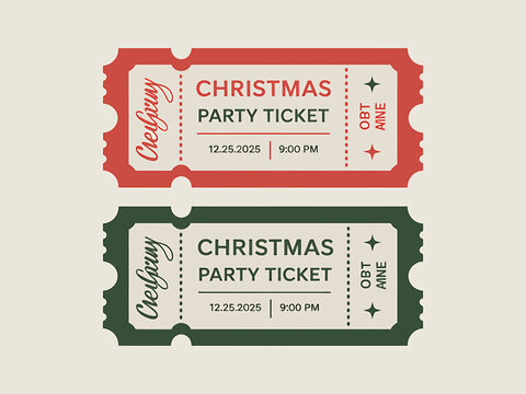 Vintage christmas party tickets, red and green event entry pass
