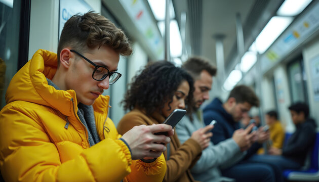 Passengers using mobile phones inside a metro train. People in transit read news use social media and stay connected. Modern life communication lifestyle and city travel.