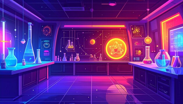 Hologram abstract stage laboratory space science fiction yellow red purple blue virtual set cyber futuristic