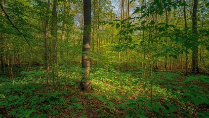 Obraz premium Wild landscape of Russia, sunlight filtering through jungle foliage, seasonal change